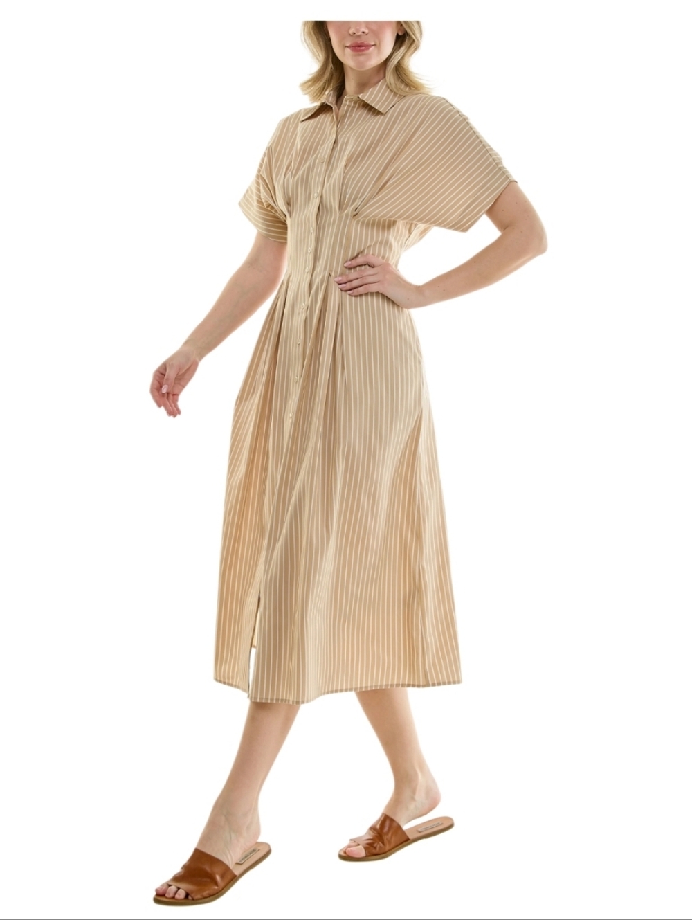 NICOLE MILLER Tan White  Pintuck Waist Midi Striped Short Sleeve Shirtdress NWT